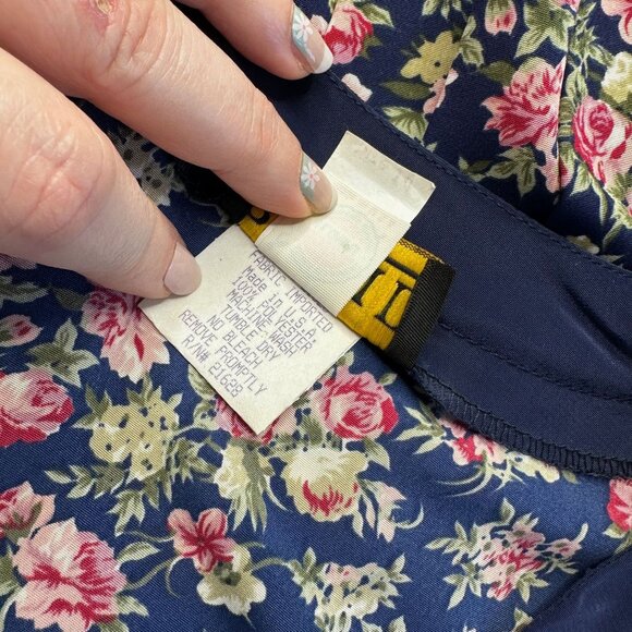 Vintage 80s Floral Belted Midi Dress Navy Pink Long Sleeve Sz 14 - Picture 8 of 11